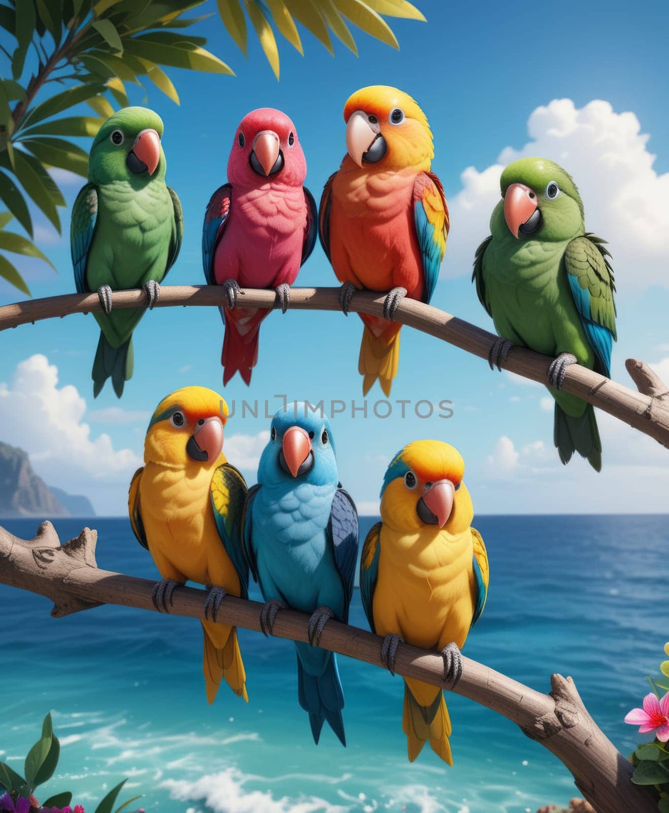 Seven vibrant parrots perch on a branch against a backdrop of blue skies, ocean waves, and lush greenery