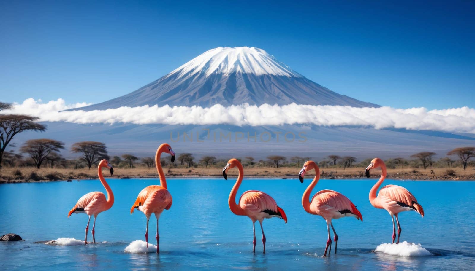 Flamingos Against Kilimanjaro Backdrop by nkotlyar
