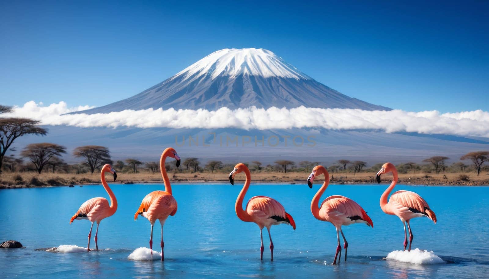 Five flamingos stand in water with Mount Kilimanjaro, snow-capped peak rising behind them, exuding tranquility