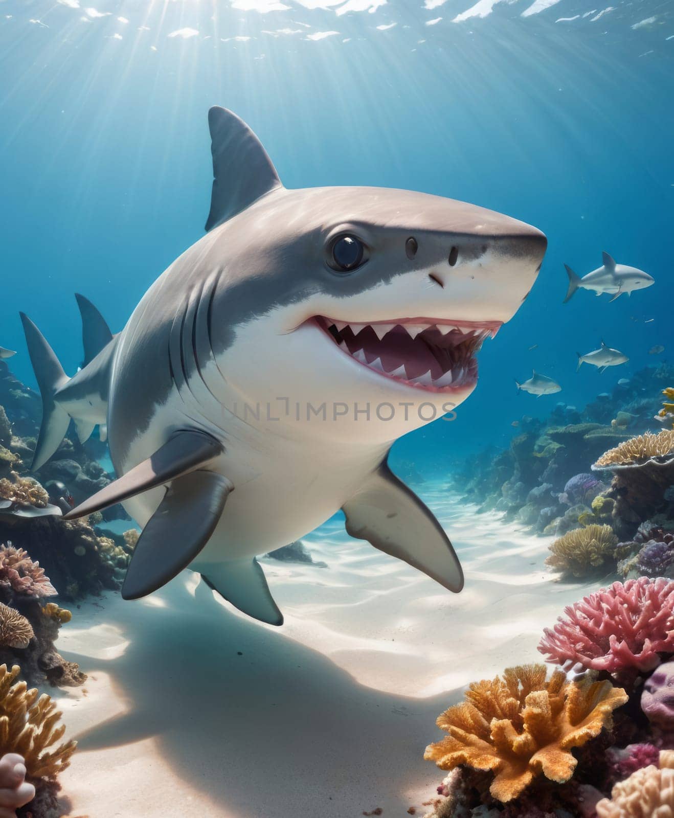 A large shark swims with its mouth open among small fish and colorful corals in a sunlit underwater scene