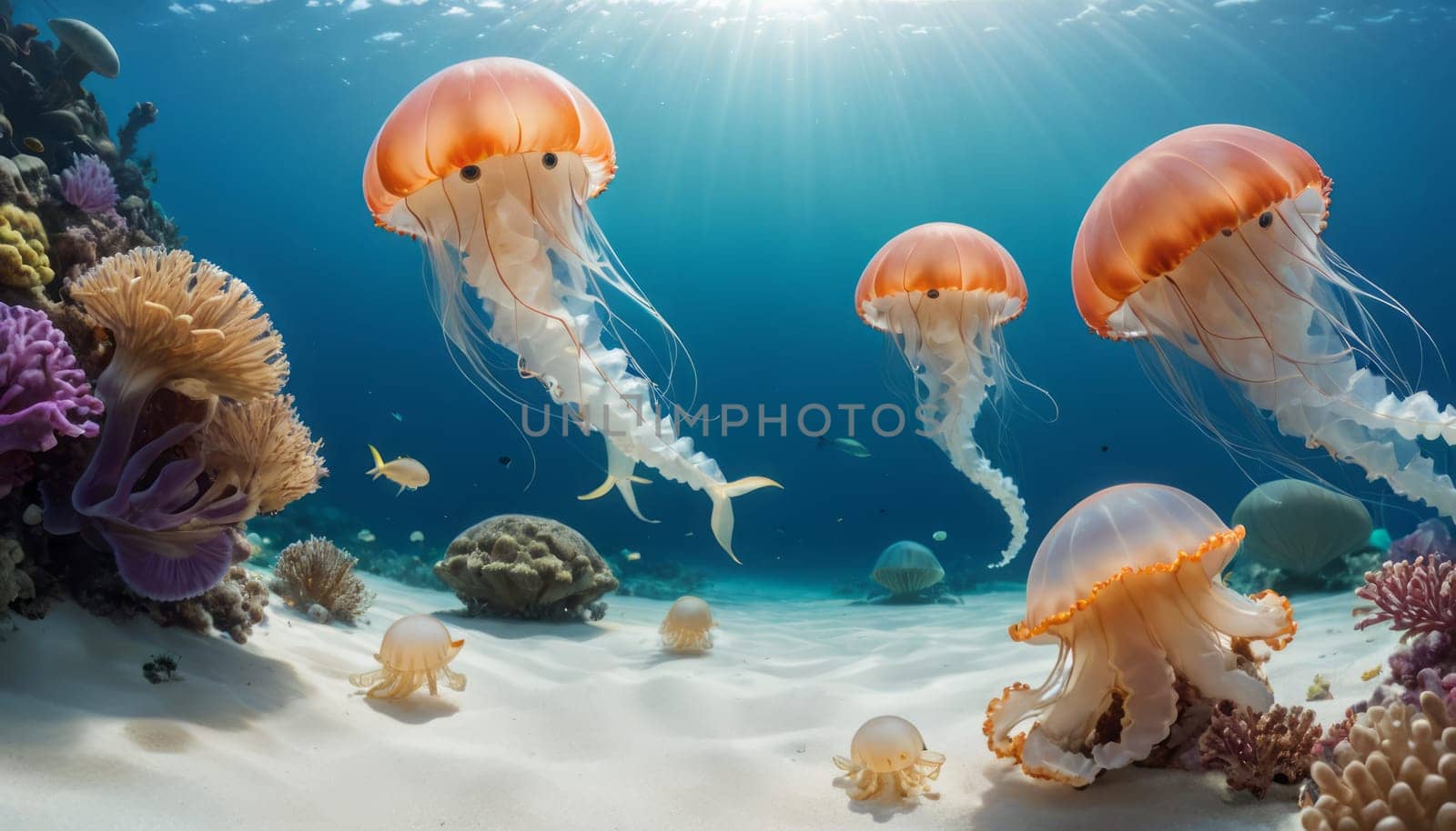 Graceful jellyfish float near the ocean floor among vibrant corals, bathed in sunlight