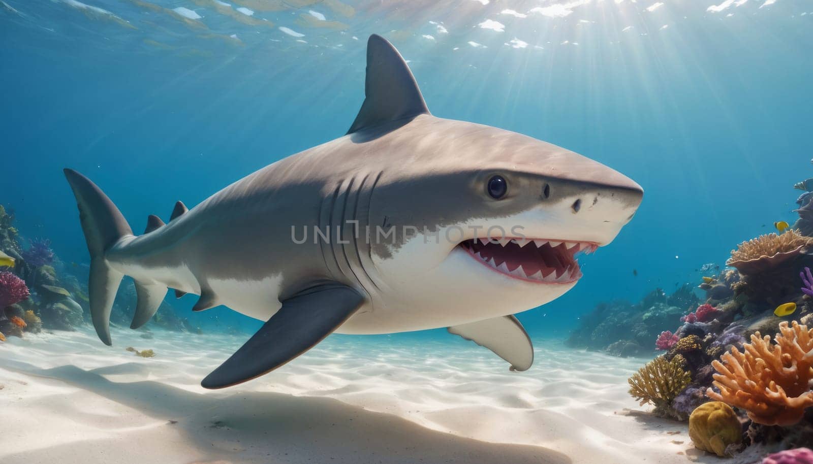 A large shark swims above the sandy ocean floor, surrounded by colorful corals and sun rays