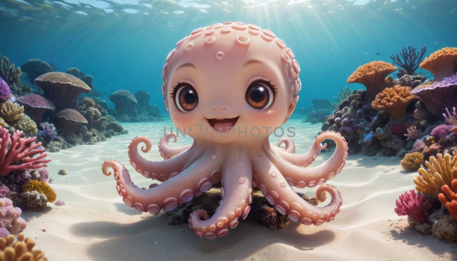 Underwater Scene with Cute Baby Octopus by nkotlyar