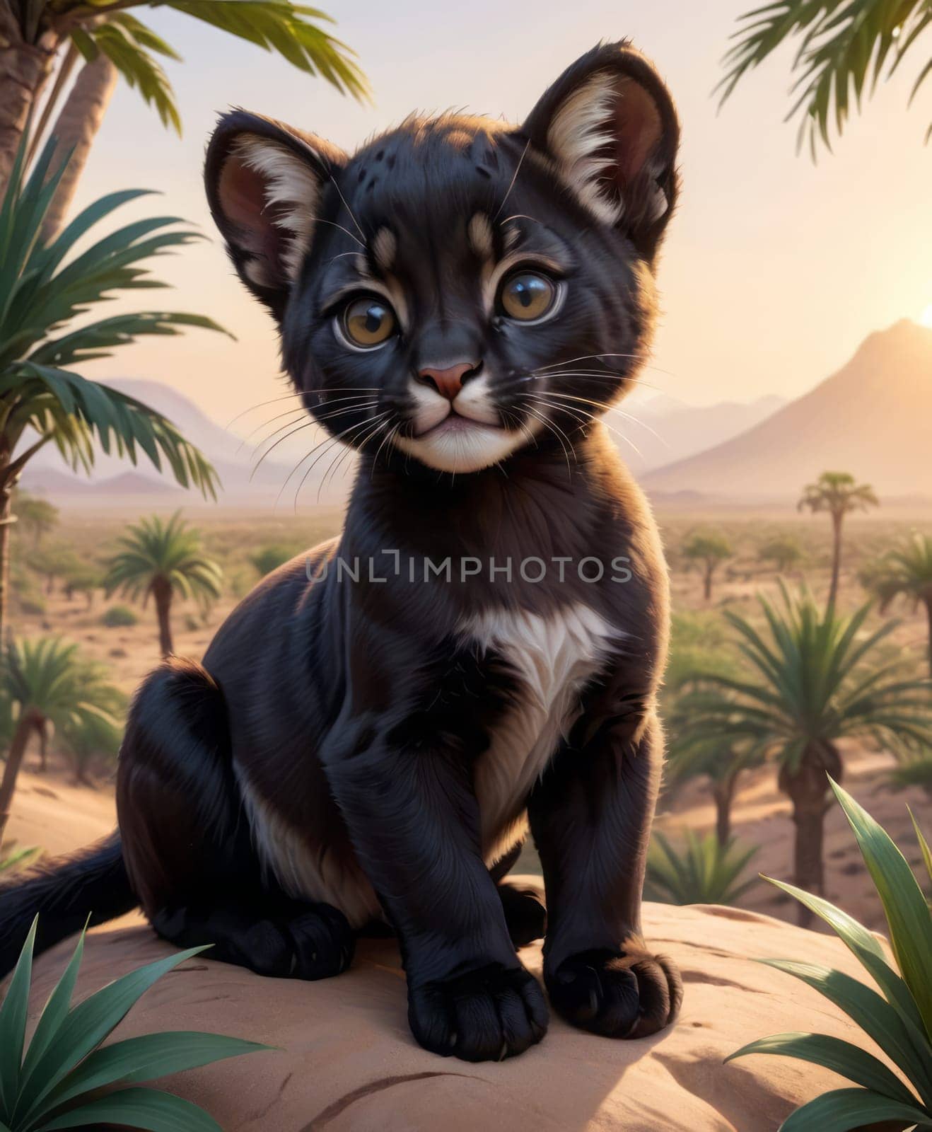 A young puma cub with distinctive markings rests in a desert oasis, surrounded by palm trees and mountains under the warm light of dawn