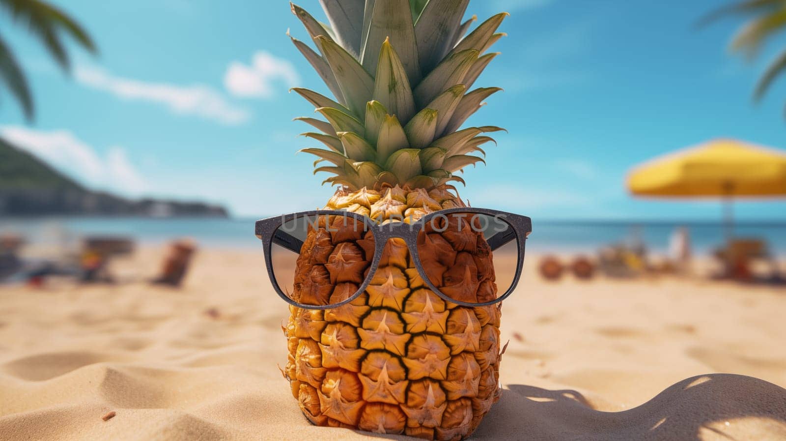 Cute Pineapple With Sunglasses stand In The Beach by Zakharova