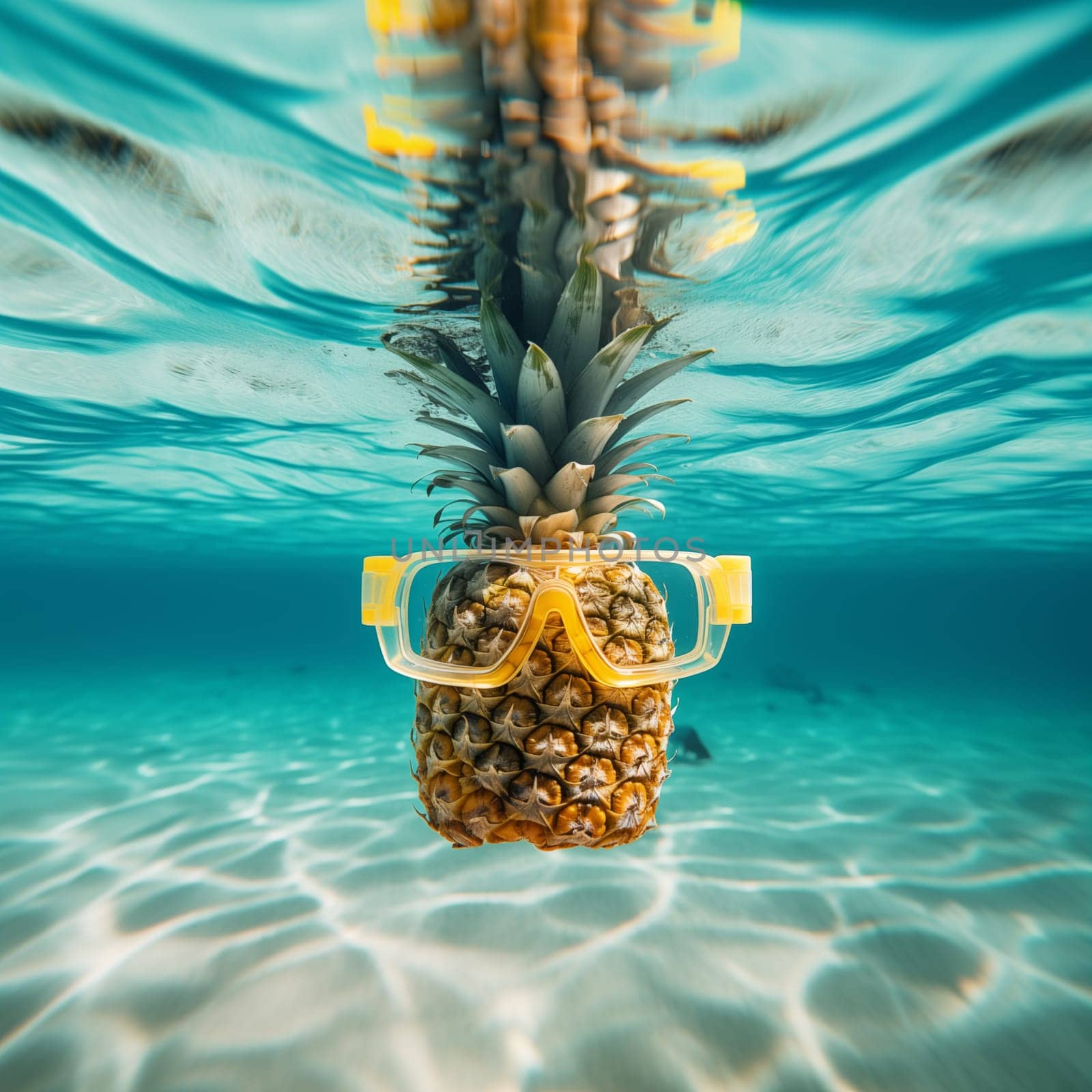 Pineapple in yellow underwater mask swimming under water in blue sea