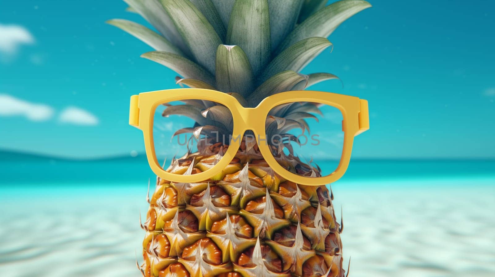 Pineapple in yellow glasses standing on the beach against the background of the blue sea and sky.
