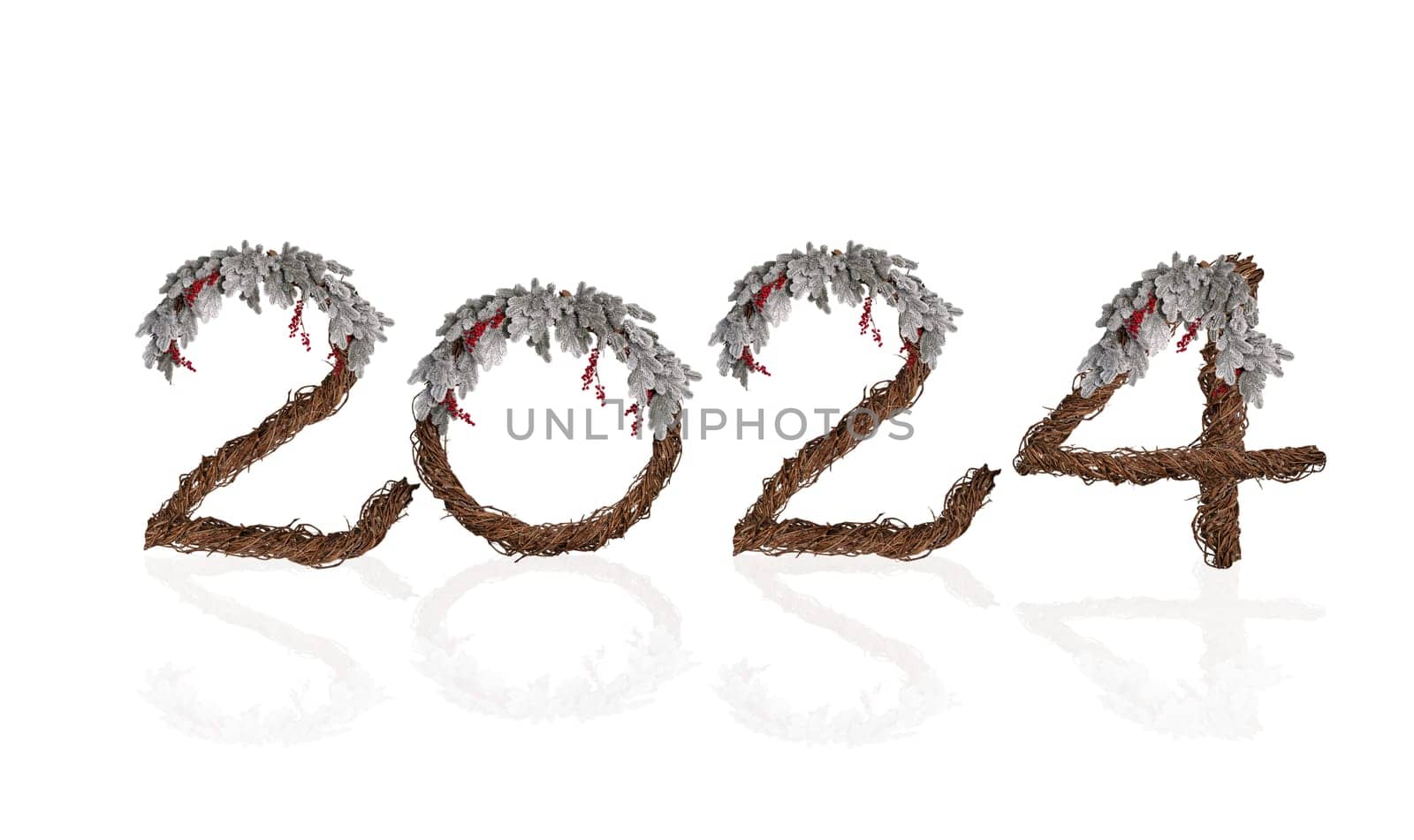 numbers 2024 made of natural materials isolated on white, holidays, decorations, signs and symbols
