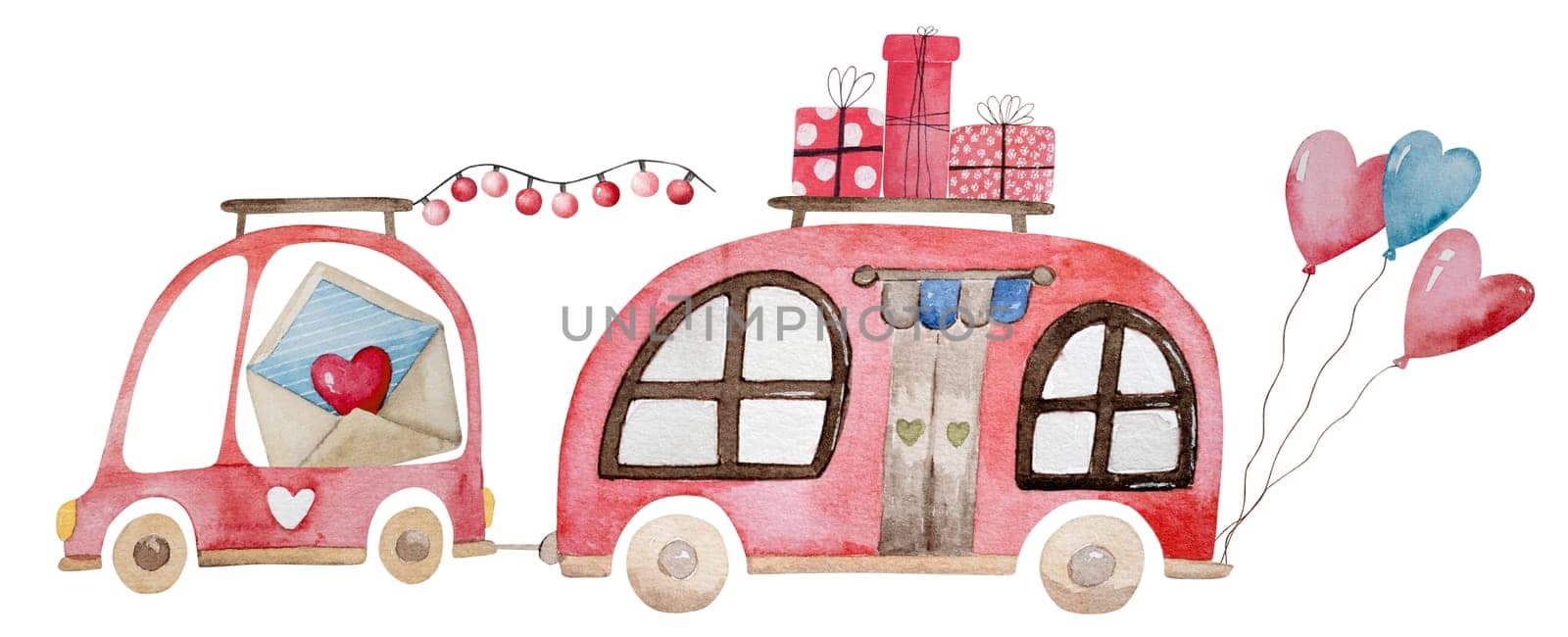 Hand-Drawn Watercolor Illustration Clipart For February 14Th Featuring A Car And Mobile Home With Valentine'S Day Gifts by tan4ikk1