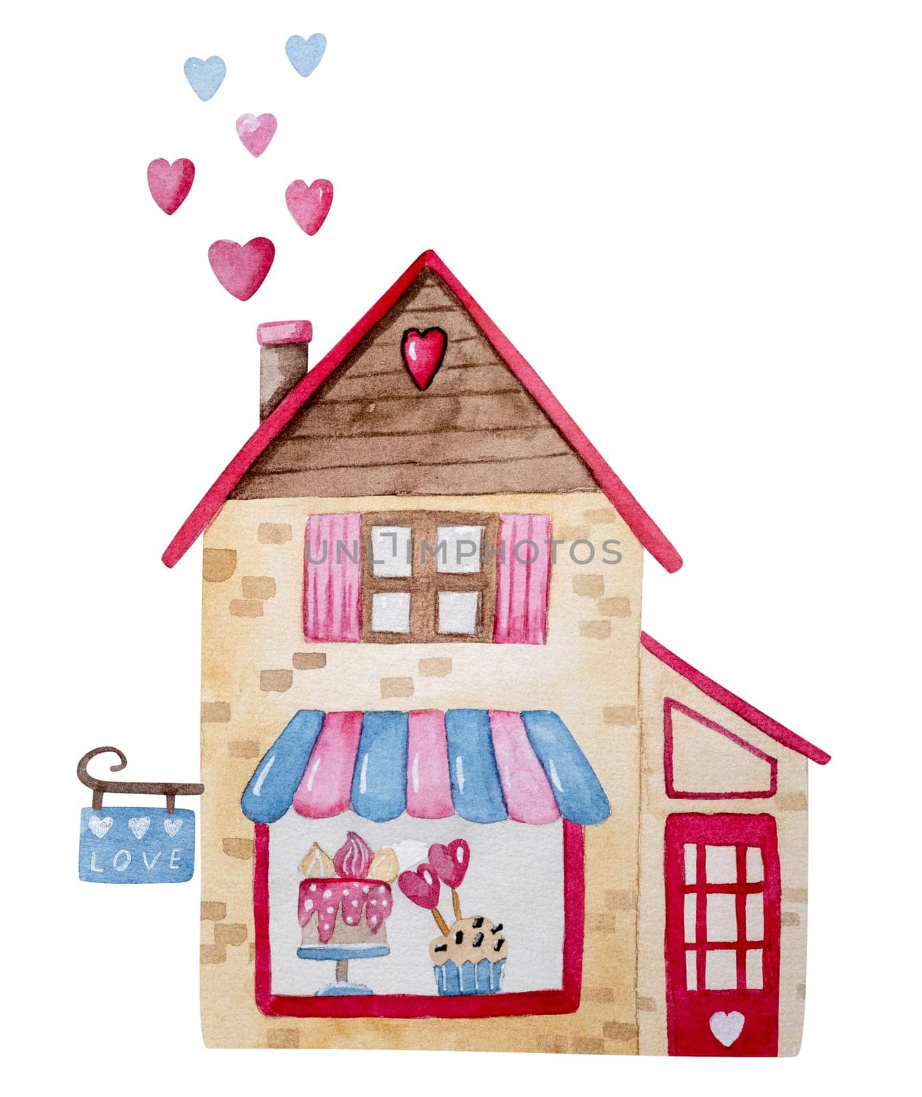 Hand-Drawn Watercolor Illustration Clipart Themed For February 14, Featuring A Candy Shop With Cakes, Cupcakes, And Candies For Valentine'S Day For Valentine'S Day