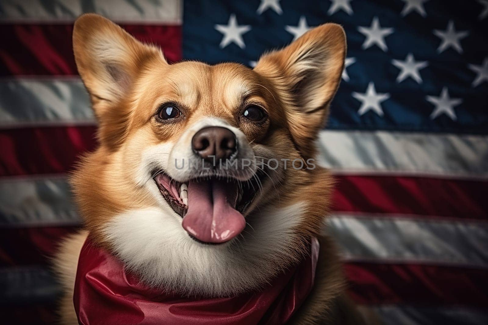 Welsh Corgi dog against the background of the US flag. Elections, US Independence Day. Patriotic dog.