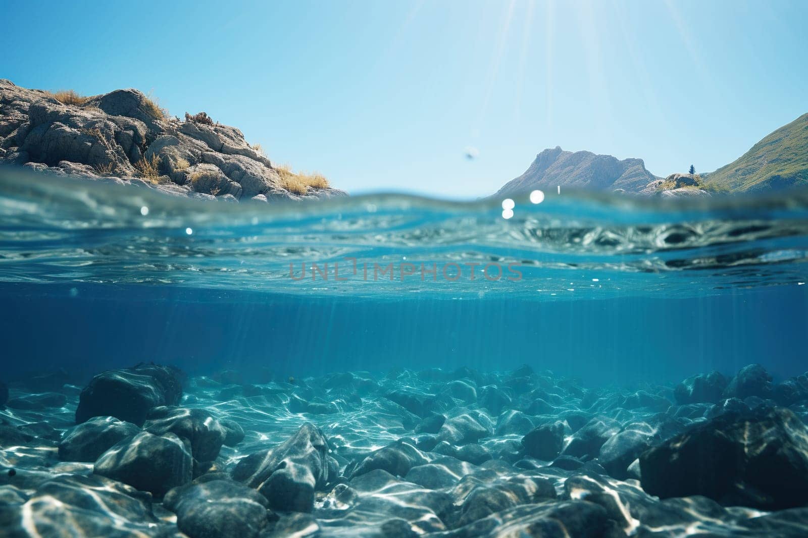 Seabed with clean transparent water and sun rays.