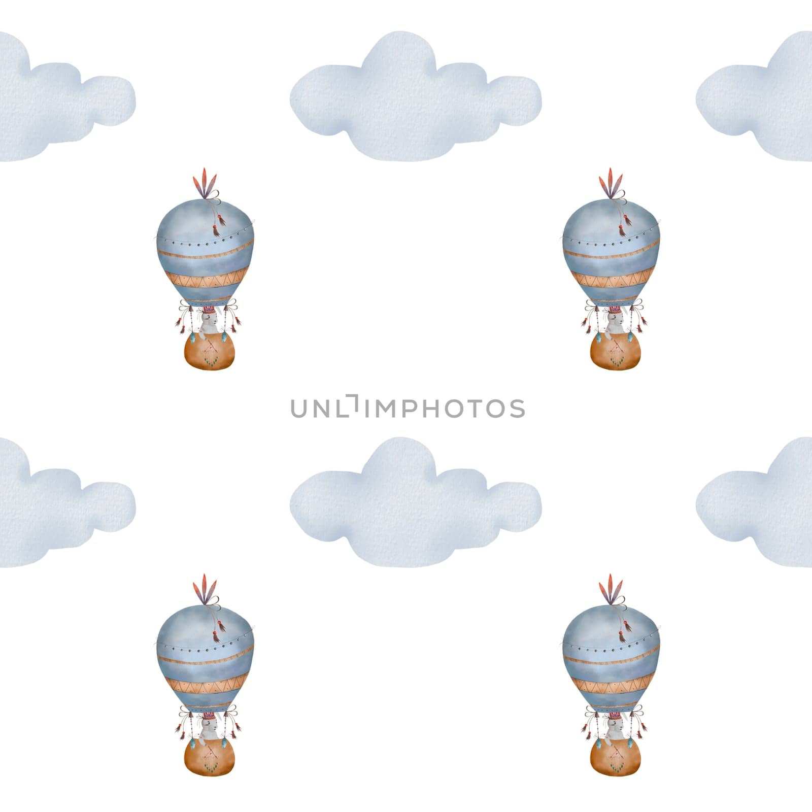 Boho balloon pattern with bunnies in a basket and clouds. Watercolor seamless background for children in gentle colors. Cute print for children's textile design and wallpaper.cozy kaawaii baby print