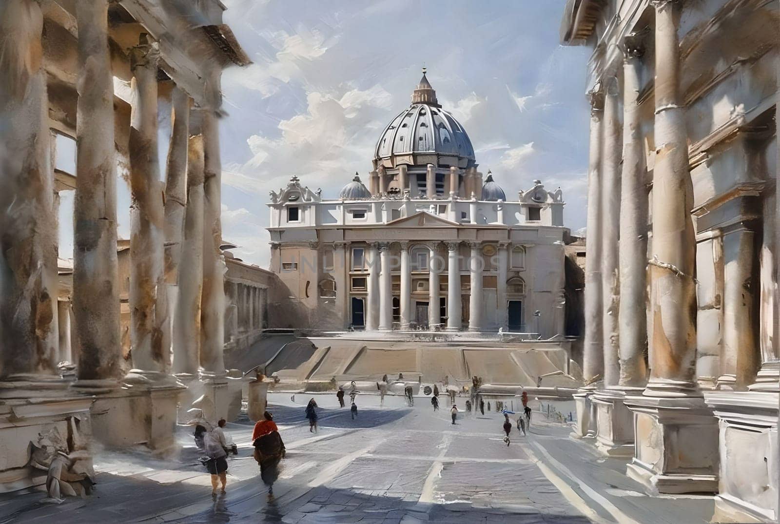 AI generated oil painting of abstract pedestrian street leading to St Peter Basilica.