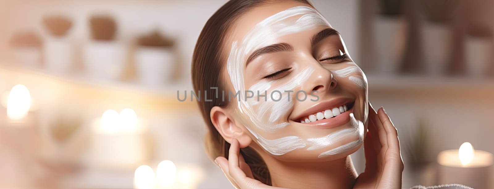 A banner with a picture of a girl wearing a moisturizing mask, reminding of the importance of regular skincare for maintaining beauty and health