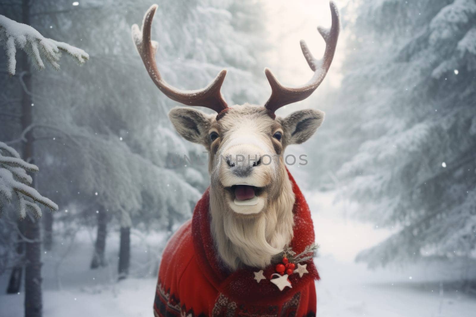 Smiling Reindeer with Santa clothes in the winter forest, sunny winter day