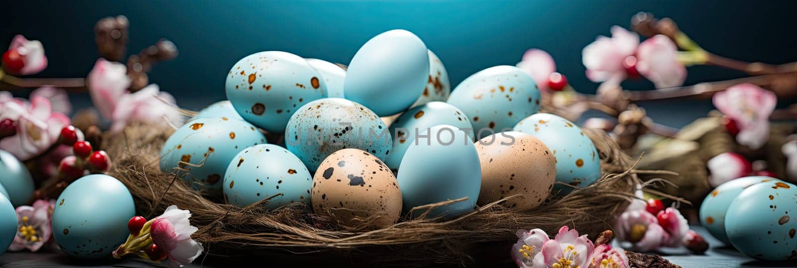 Colorful Easter eggs decorated with various patterns and designs, placed next to bright spring flowers, create a cheerful and festive spring picture in natural light.