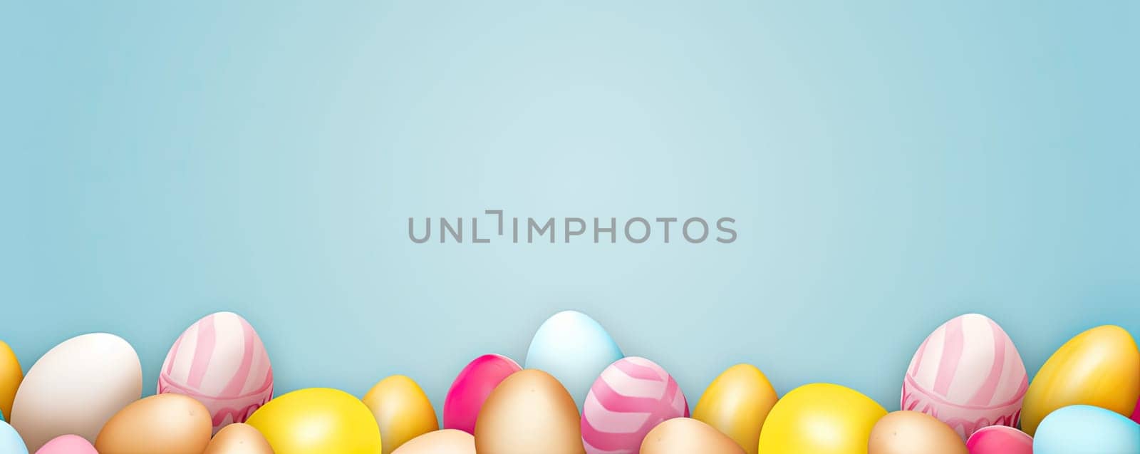 Colorful Easter eggs arranged in banner style on a bright blue background create a festive and bright composition for Easter celebration concepts.