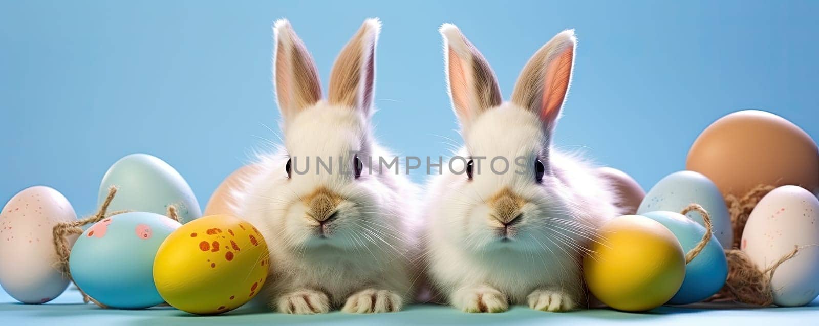 Easter celebration with playful bunnies and colorful egg decorations in nature.