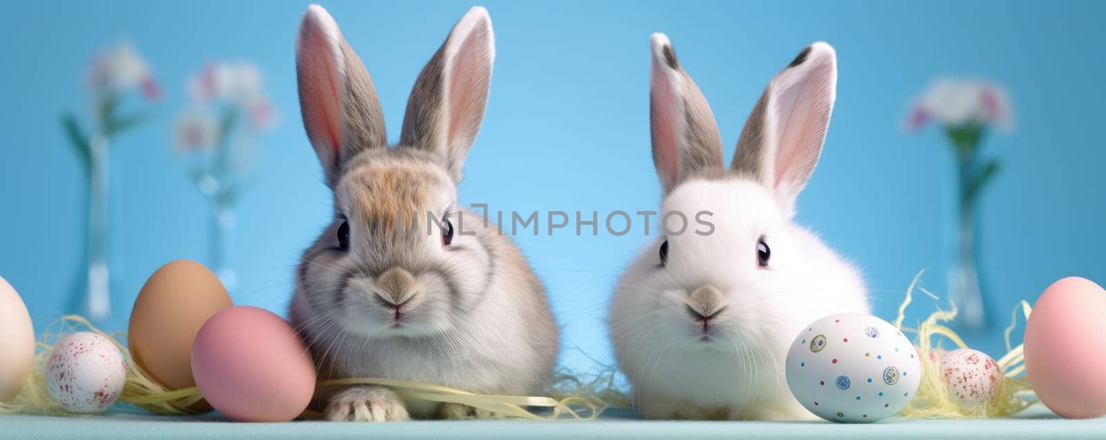Cute fluffy bunnies playfully entertained with colorful easter egg decorations by Yurich32