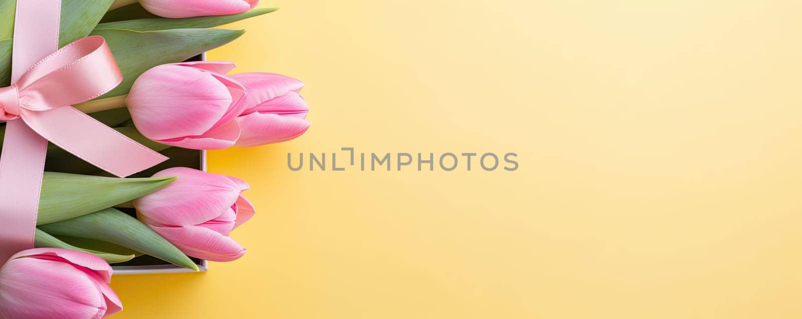 Bright and lively spring tulip banner with bright assortment of flowers on cheerful yellow background. Perfect for spring themes and celebrations