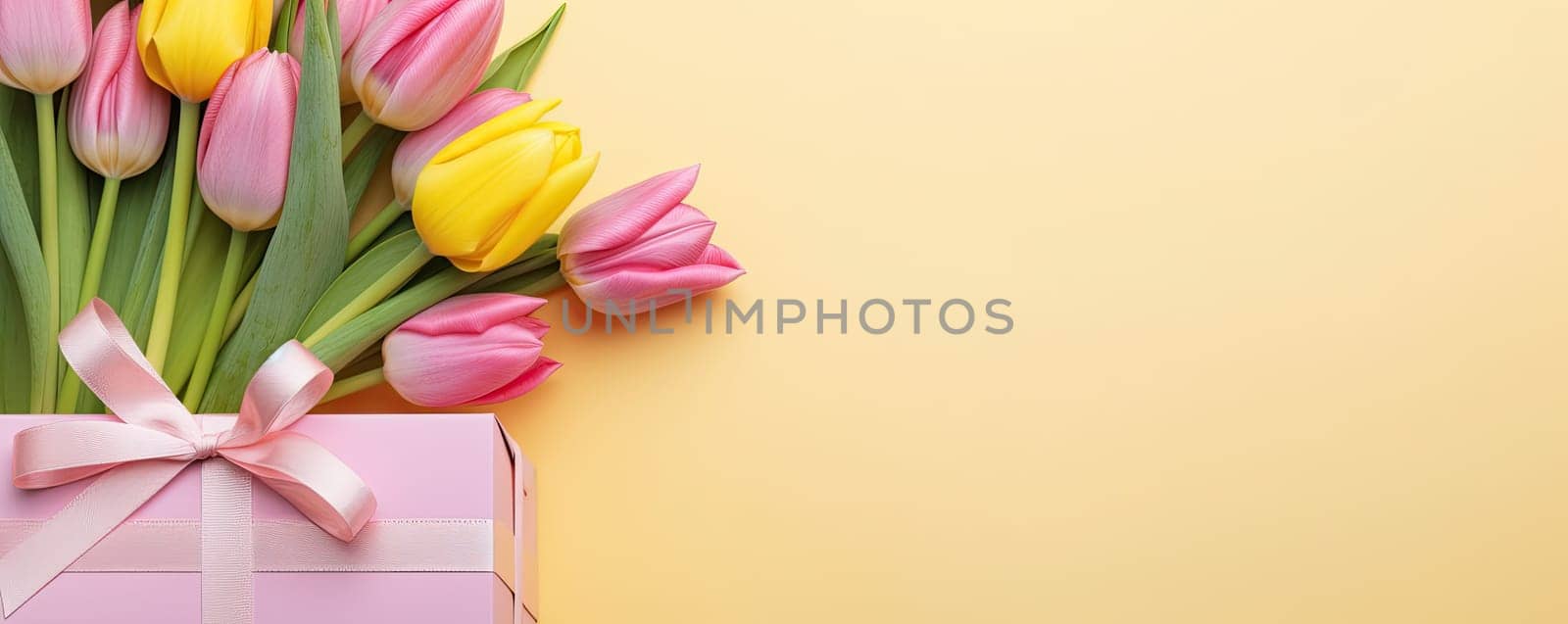 A captivating image with a striking banner decorated with fresh spring tulip flowers on a bright yellow background, perfect for seasonal designs and cheerful spring concepts.