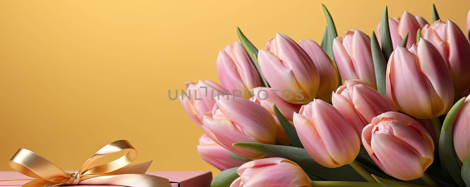A bright spring banner with tulips on a bright yellow background is perfect for seasonal design and advertising
