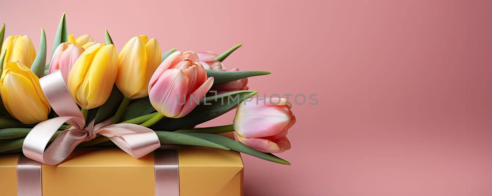 Tulips with gift box on pink background.