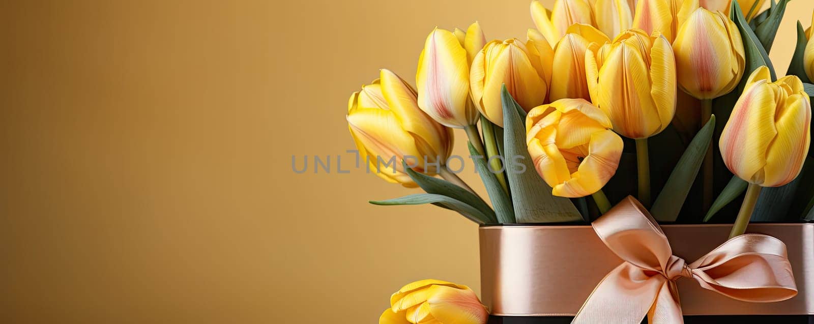 Bright and colorful banner with a bouquet of spring tulips on a cheerful yellow background. Perfect for seasonal greetings and celebrations
