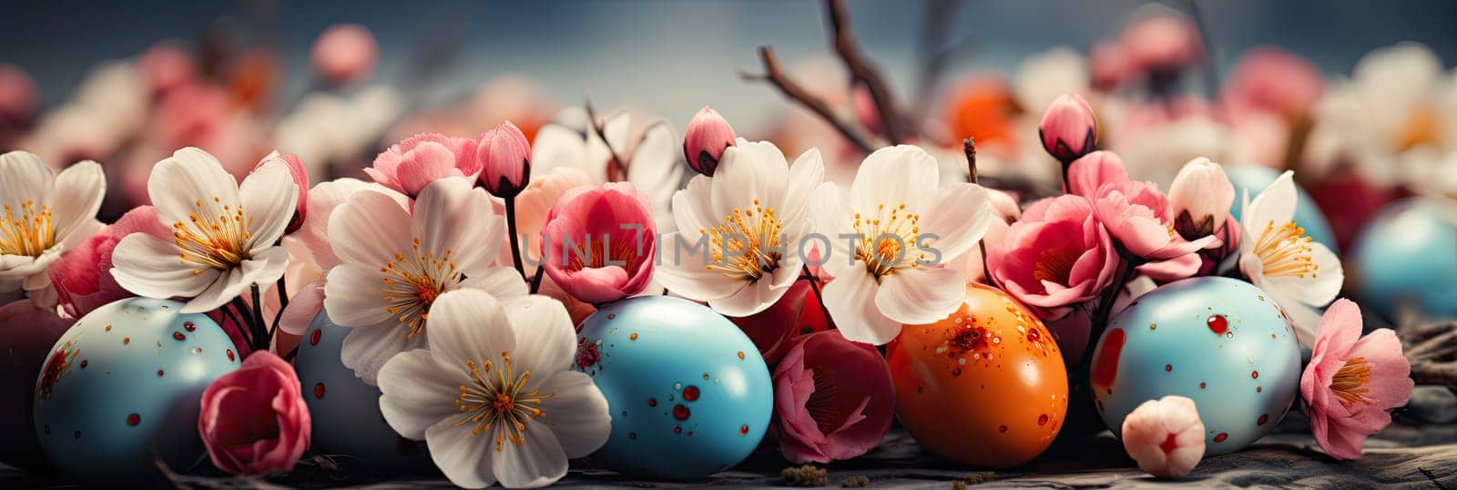 A collection of beautifully decorated Easter eggs in a variety of vibrant colors, decorated with fresh blooming flowers that capture the essence of Easter and the arrival of spring.