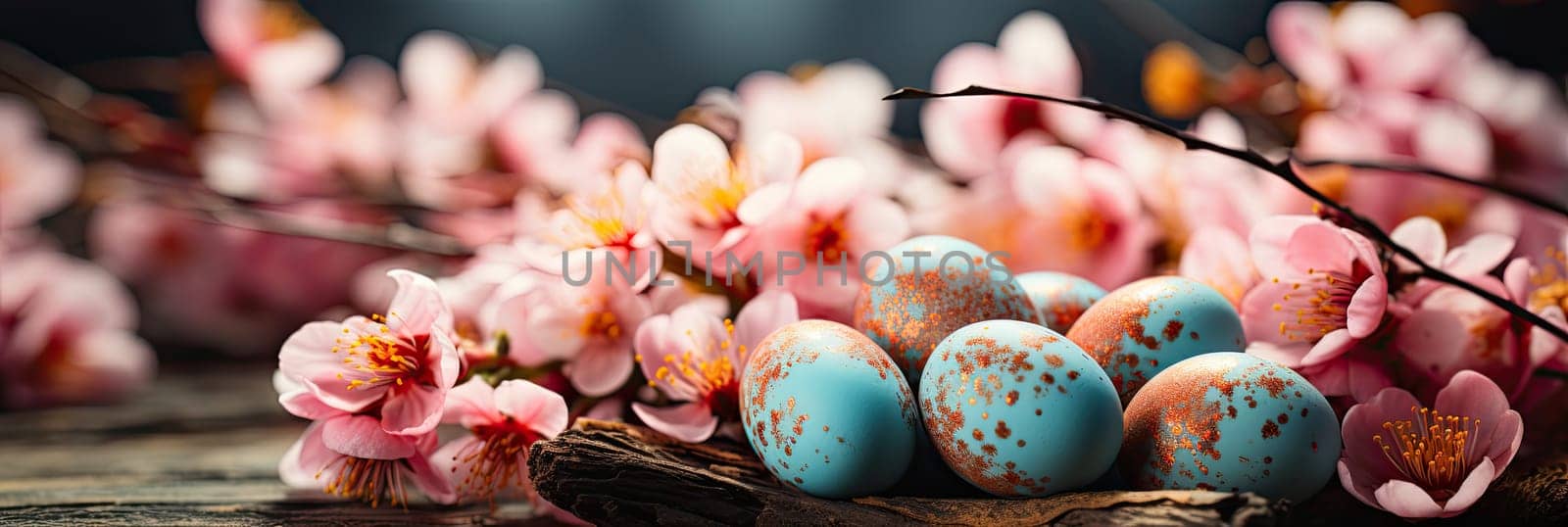 A collection of beautifully decorated Easter eggs in a variety of vibrant colors, decorated with fresh blooming flowers that capture the essence of Easter and the arrival of spring.