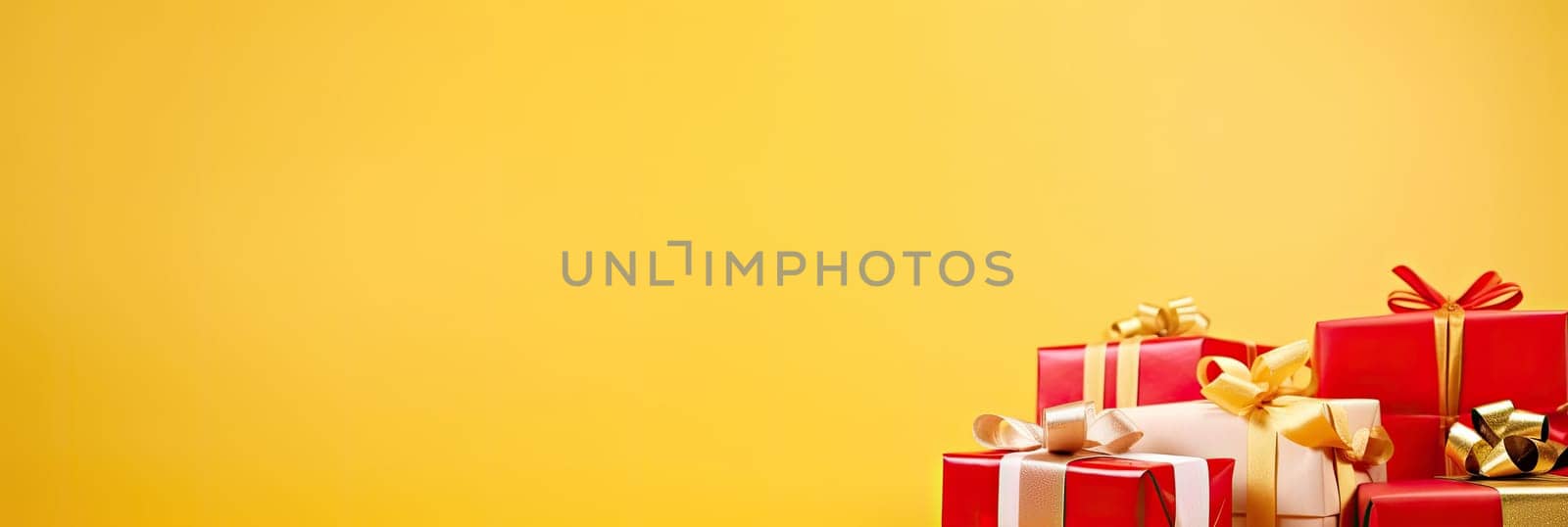 Bright gift boxes and colorful gifts create a festive mood on a bright yellow background. Fun awaits