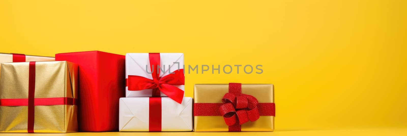 Bright gift boxes with gifts on bright yellow background.