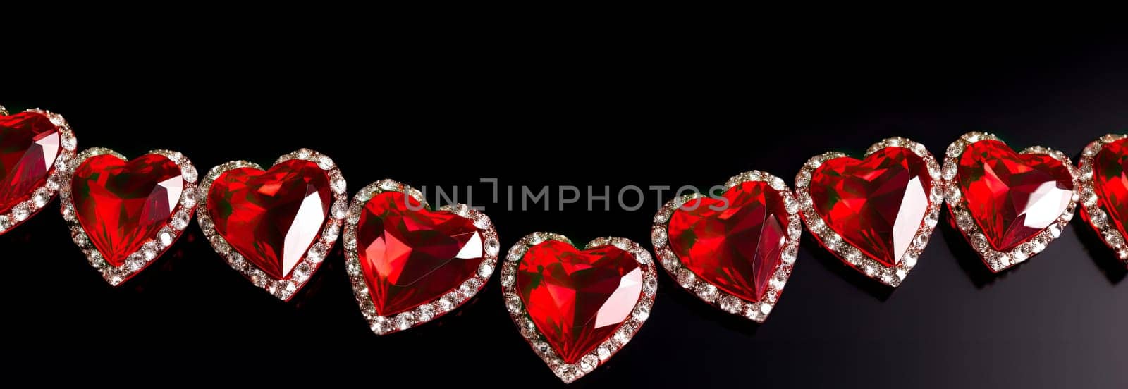 Exquisite red hearts made of precious stones create a luxurious combination with a black background, imbuing the image with passion and elegance.