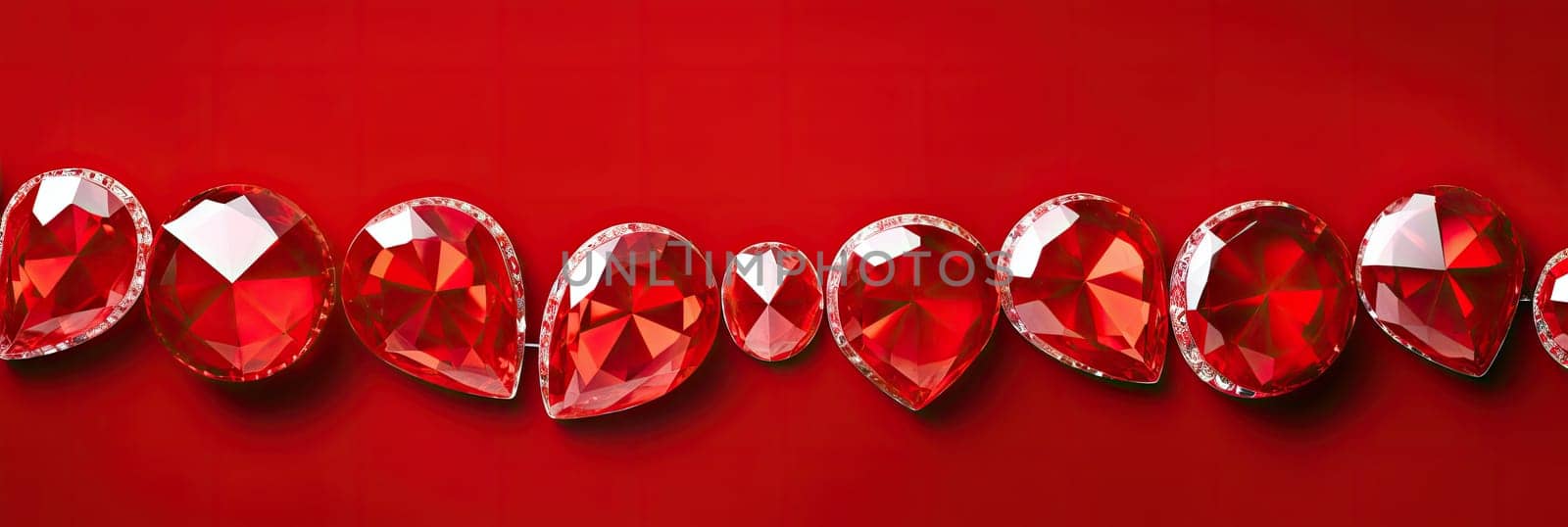 Exquisite red hearts made of precious stones on a red background symbolize passion and love, decorating the holiday of all lovers with a unique brilliance.