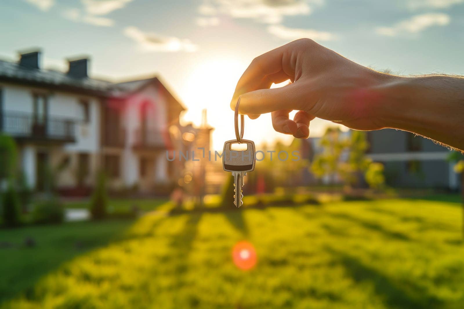 Closeup photo of hand holding house keys on the background of modern house with green lawn in sunny summer day