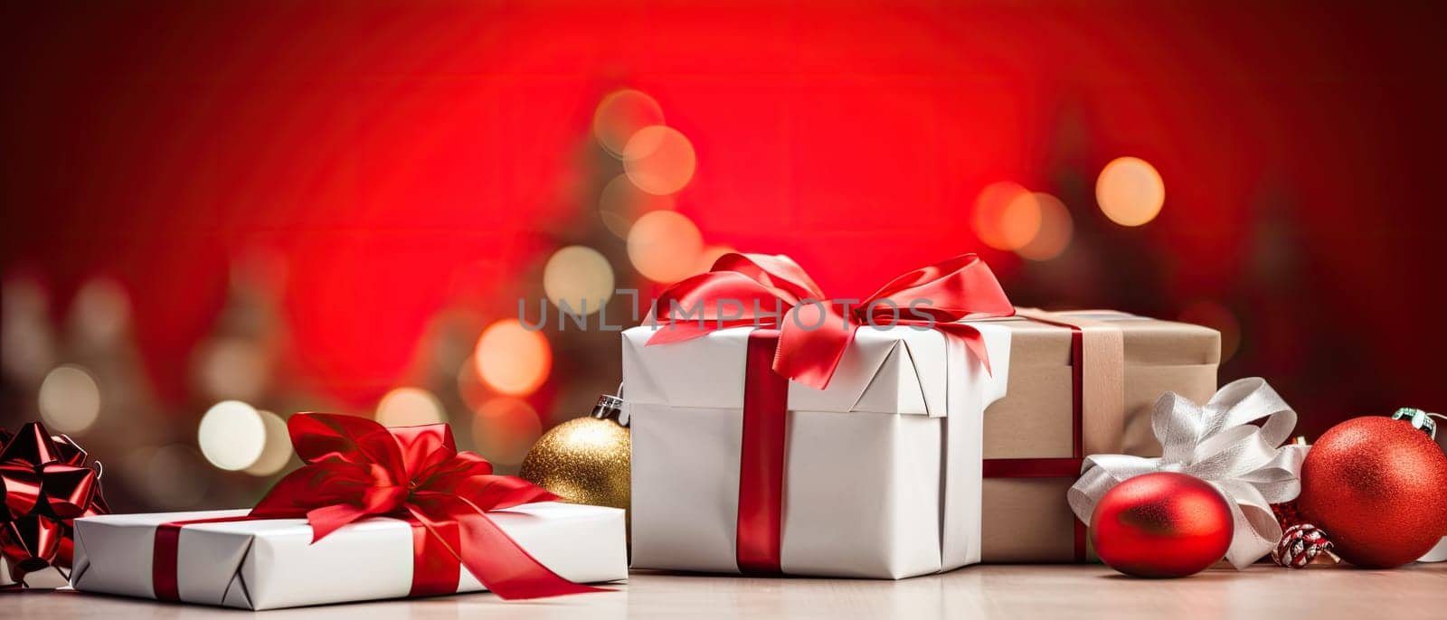 Bright gift boxes and colorful gifts create a festive mood against a red background. Fun awaits