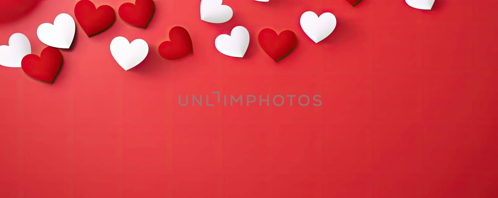 Rich red and white hearts on a deep red background create a rush of feelings and give the image brightness and emotional tension