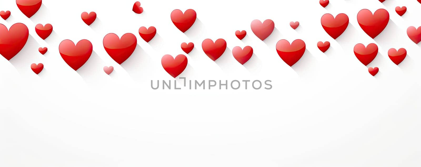 A romantic banner with many red and pink hearts on a fresh white background is a great decoration for Valentine's Day, filling the space with warmth and tenderness.