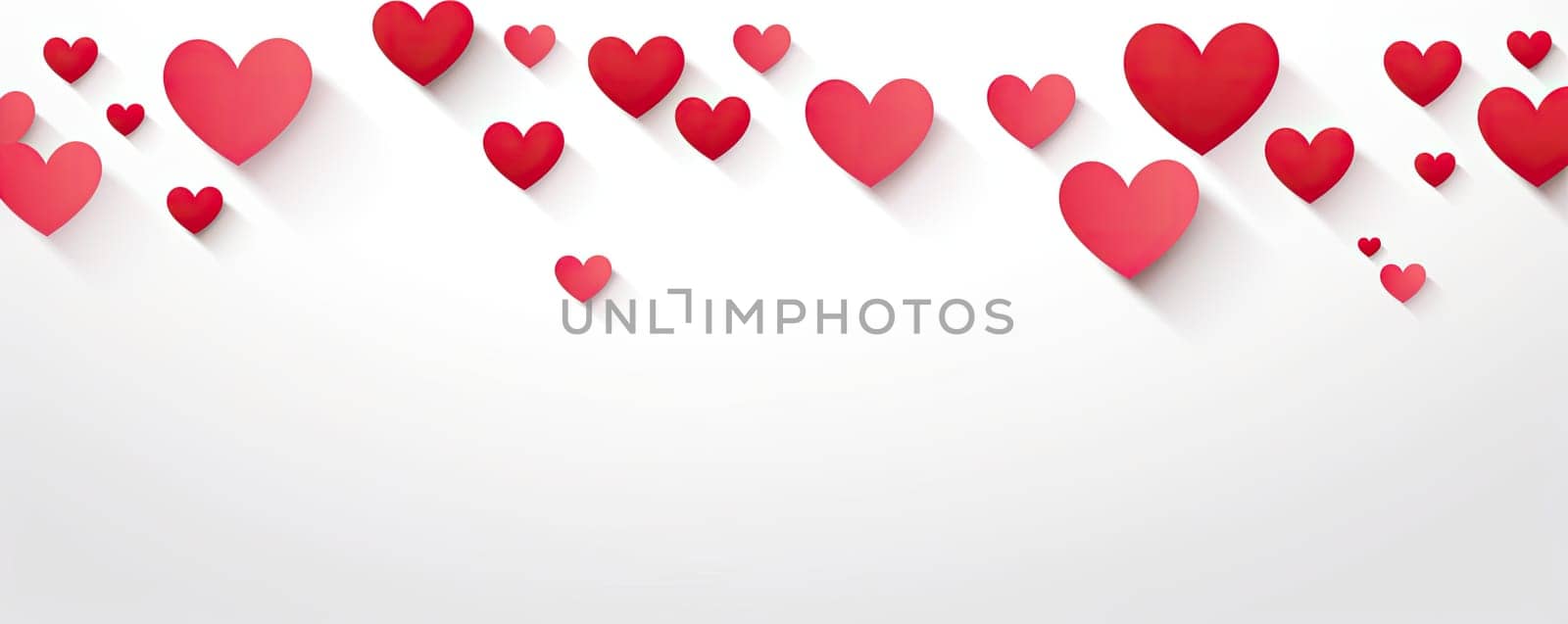 A romantic banner with many red and pink hearts on a fresh white background is a great decoration for Valentine's Day, filling the space with warmth and tenderness.