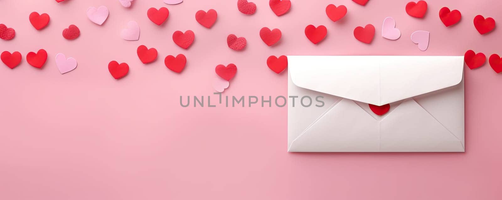 Envelope with hearts on pink background.