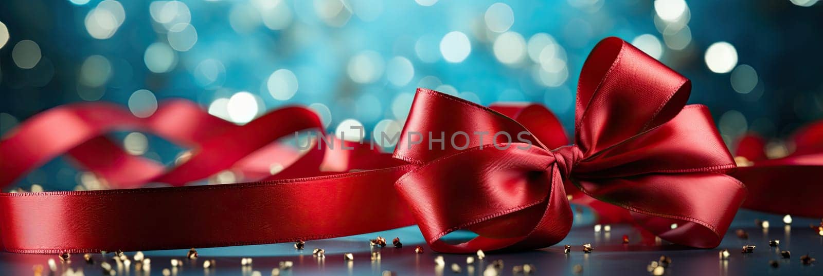 A bright red ribbon on a pale blue background, symbolizing a holiday, festive mood, joy and celebration.