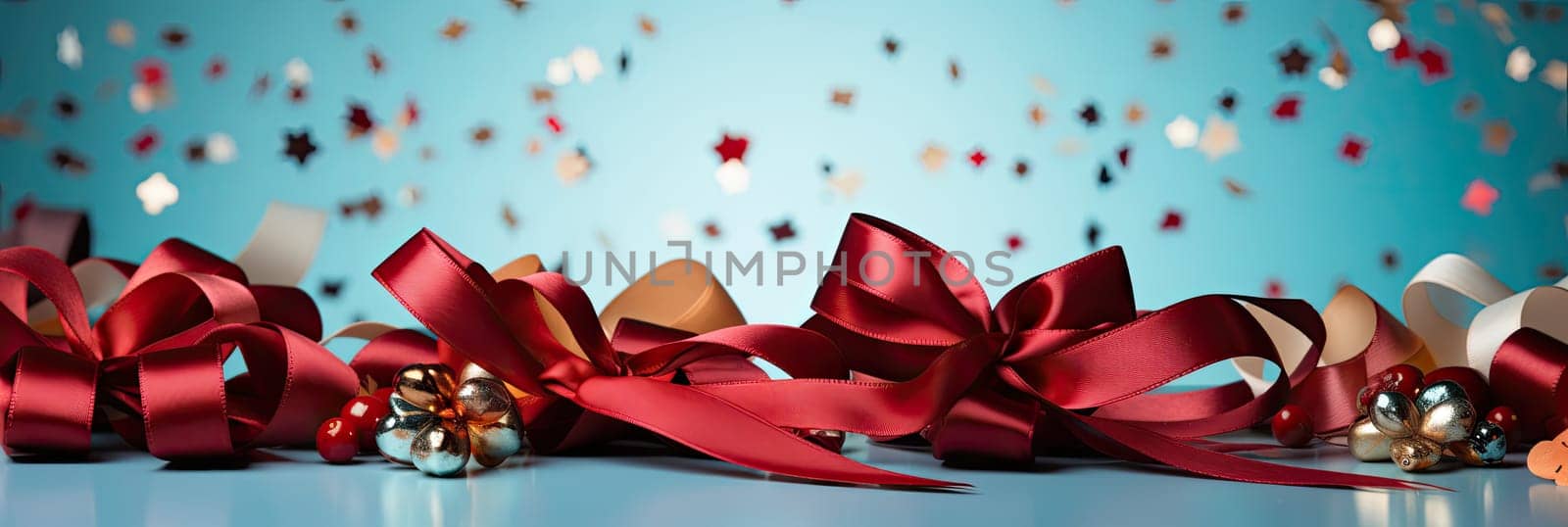 A bright red ribbon on a pale blue background, symbolizing a holiday, festive mood, joy and celebration.