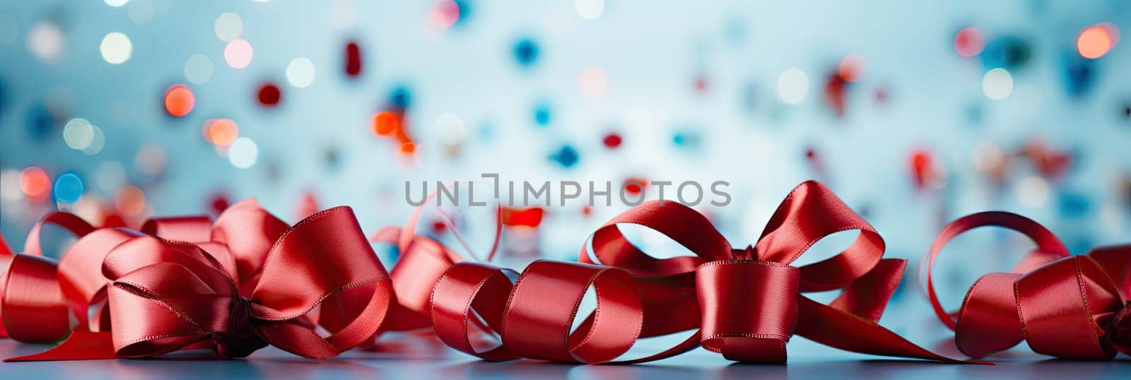 A bright red ribbon on a pale blue background, symbolizing a holiday, festive mood, joy and celebration.