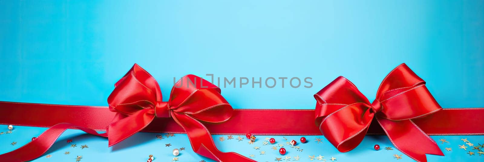 A bright red ribbon on a pale blue background, symbolizing a holiday, festive mood, joy and celebration.