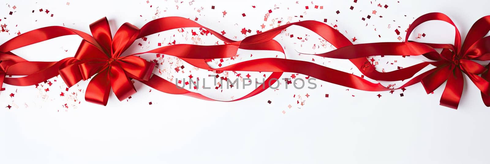 Photo of a festive red silk ribbon on a pure white background, symbolizing joy, decoration and festive mood.