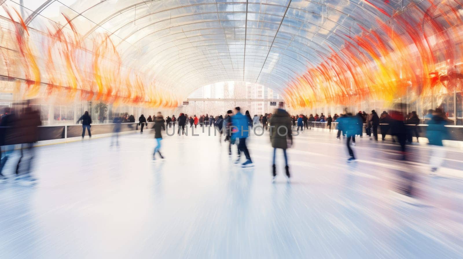 Ice skating rink in winter. Happy moments spent together AI Blurred background