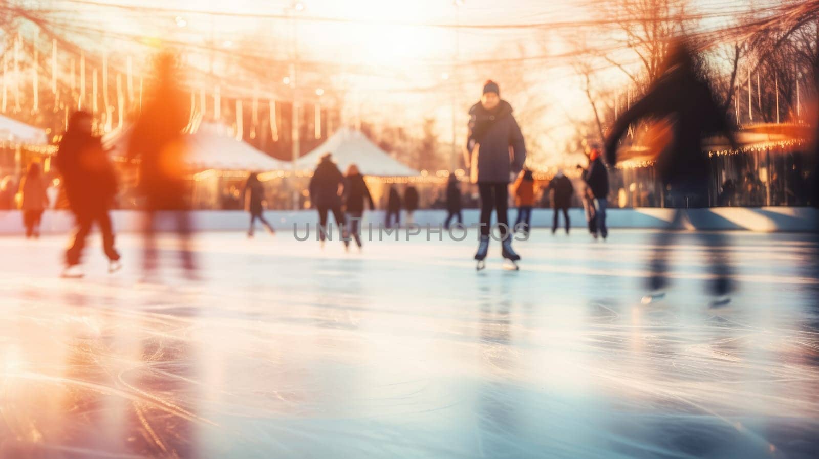 Ice skating rink in winter. Happy moments spent together AI Blurred background