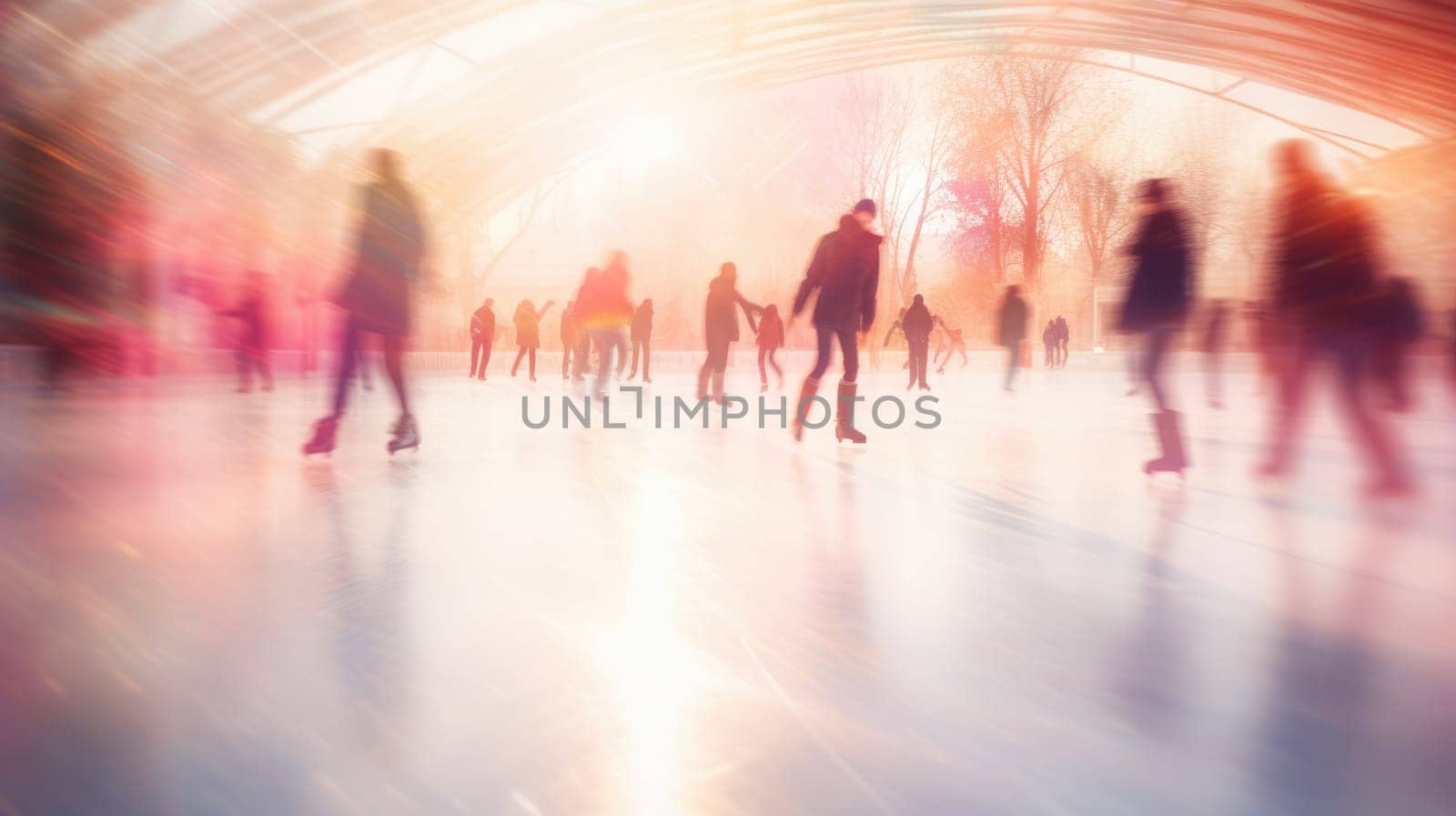 Ice skating rink in winter. Happy moments spent together AI Blurred background