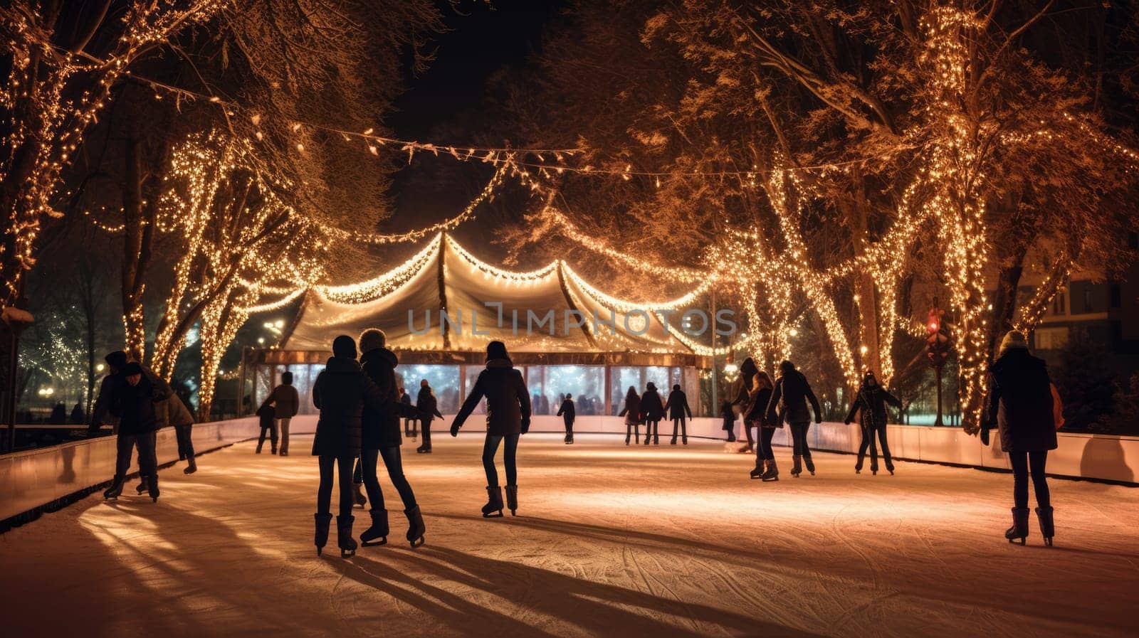 Ice skating rink in winter. Happy moments spent together AI